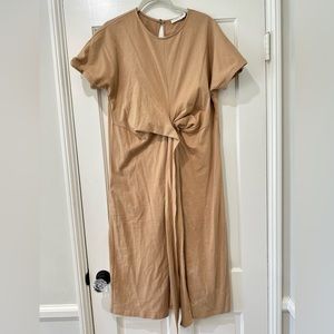 Lush camel tan short sleeve tie waist front slit midi dress